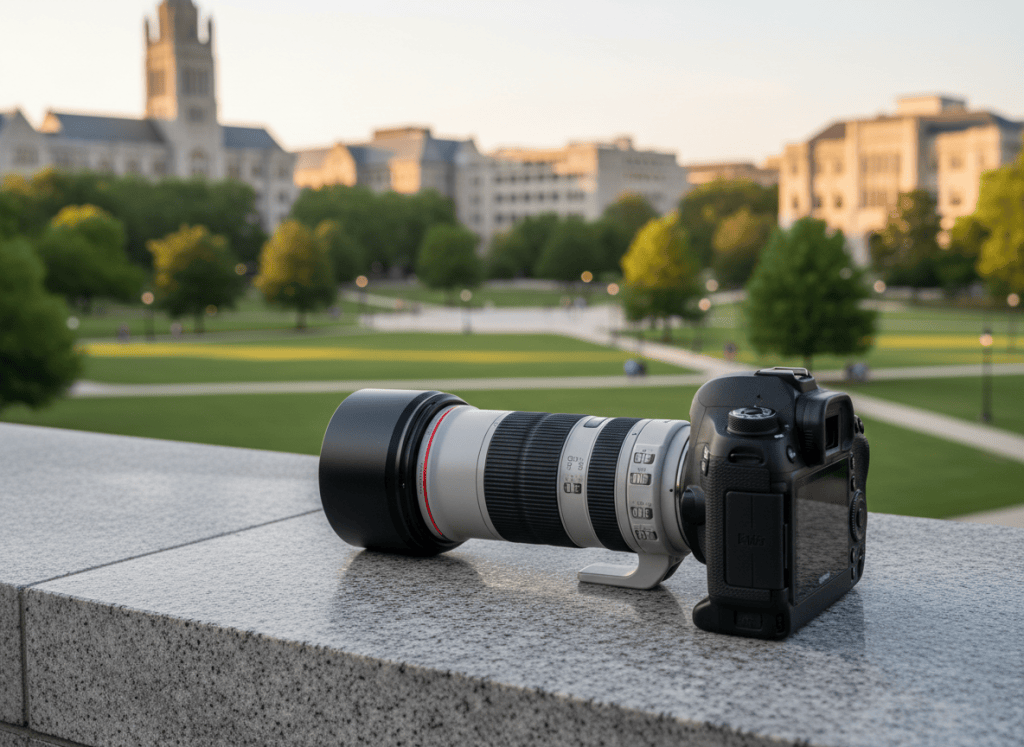 A high-end professional DSLR camera with a sleek black body, textured grip, and a large telephoto lens rests on a smooth stone ledge overlooking a recognizable Penn State campus quad. The lens hood faces a distant, softly blurred expanse of collegiate gothic buildings, manicured lawns, and tall trees. Late afternoon golden hour light washes the scene in warm tones, creating crisp highlights along the camera’s metal edges and gentle shadows on the ledge. Photographic realism, captured at eye level with a shallow depth of field, emphasizes the sophistication of the gear while suggesting the breadth of campus photography services in a calm, polished atmosphere.
